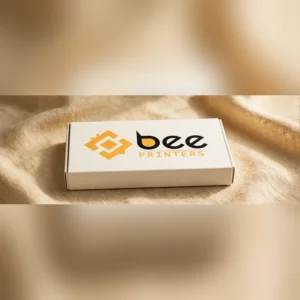 Custom match slide rigid boxes in cream finish with the Bee Printers logo printed on the closed sleeve, hero shot