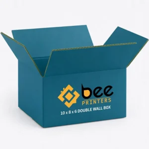 Open teal corrugated shipping box with flaps up and an empty interior on a white background, showing 10x8x6 double wall cardboard boxes.
