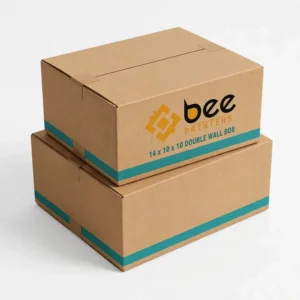 Two closed kraft cardboard boxes with teal base stripes stacked on a white background, the top box printed with the Bee Printers logo, showing 14x10x10 double wall cardboard boxes.