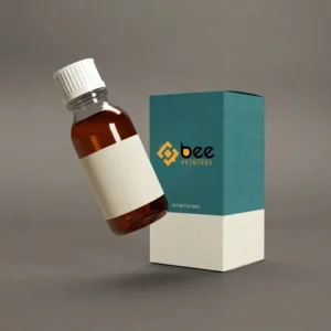Closed teal and cream patterned box with the Bee Printers logo beside a tilted amber bottle with a white cap and blank cream label on a grey background, showing custom 1oz bottle boxes