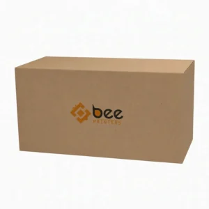 A closed long brown kraft rectangular cardboard box on a white background, with the Bee Printers logo in the centre of the front side, showing custom 24 x 12 x 12 single wall cardboard boxes.