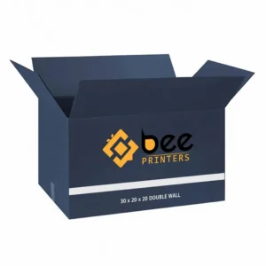 A single open dark navy-blue rectangular cardboard box with its flaps raised and an empty interior on a white background, showing custom 30x20x20 double wall cardboard boxes.
