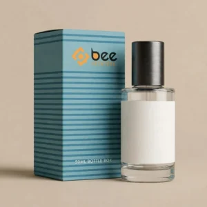 Blue striped closed box with the Bee Printers logo standing behind a clear bottle with a white label and tall black cap on a beige background, showing custom 50ml bottle boxes
