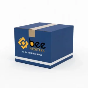 A single closed blue cube cardboard box sealed with beige tape and a white stripe near the base on a white background, showing custom 6x6x6 double wall cardboard boxes.