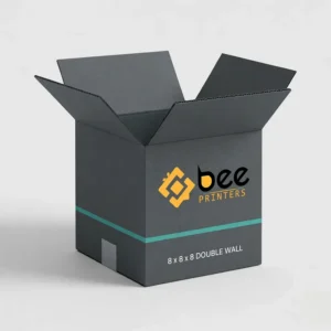 A single open dark grey cube cardboard box with its flaps spread open, an empty interior and a teal stripe on a light grey-white background, showing custom 8x8x8 double wall cardboard boxes.