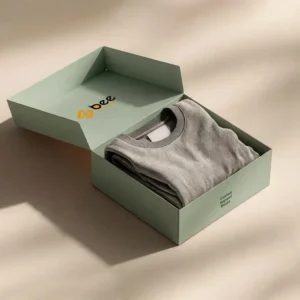 Open sage green hinged box holding a folded grey sweatshirt on a cream background, showing custom apparel boxes with the Bee Printers logo inside the lid.