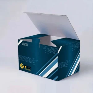 Open empty dark teal corrugated box with circuit line artwork and diagonal stripes on a light grey background, custom auto LED corrugated boxes