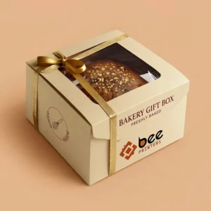 Closed cream window box tied with a gold ribbon and bow showing a baked loaf inside on a peach background, custom bakery gift boxes with the Bee Printers logo on the front.