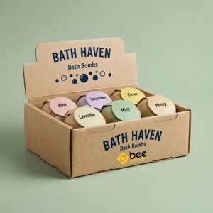 Kraft custom bath bomb display boxes labelled BATH HAVEN holding wrapped bath bombs in Rose, Lavender, Citrus, Honey and Mint on a sage green background with the Bee Printers logo on the front.