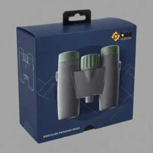 Closed dark navy hanging retail box with a large grey and green binoculars photo on the front on a grey background, showing custom binoculars packaging boxes.