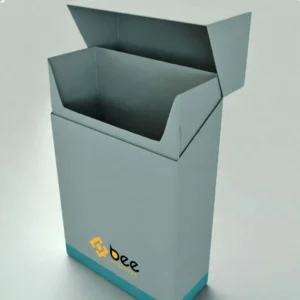A single open empty pale grey-blue cigarette pack with a teal base edge on a light grey background, with the Bee Printers logo at the bottom of the front, showing custom blank cigarette boxes.