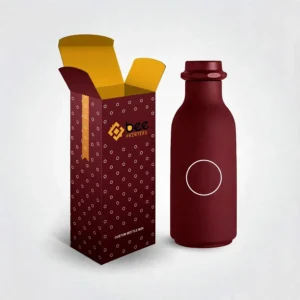 Open maroon box with a white dot pattern and yellow interior beside a matching maroon bottle on a light grey background with the Bee Printers logo, showing custom bottle boxes