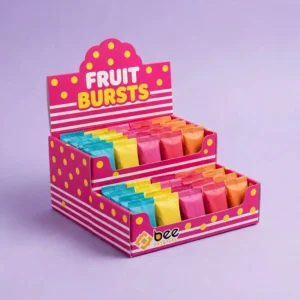 A bright pink two-tier display with yellow polka dots and a Fruit Bursts header holding rows of blue, yellow, pink and orange candy pouches on a lavender background, showing custom candy display boxes wholesale with the Bee Printers logo on the front.