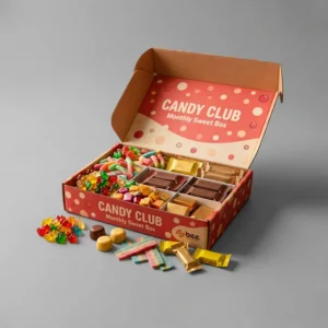 An open red polka-dot mailer box with divided compartments filled with gummy bears, sour strips and wrapped chocolates and loose candies scattered in front on a solid grey background with Candy Club Monthly Sweet Box printed inside the lid and a small Bee Printers logo on the front edge, showing custom candy subscription boxes