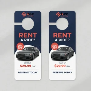 Two identical navy and white custom car hang tags on a light grey background, printed with RENT A RIDE?, a black sedan, a 20% OFF badge, START AT $29.99 /DAY and RESERVE TODAY text, with the Bee Printers logo at the top.