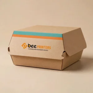 A closed kraft cardboard clamshell box on a cream background with teal and orange stripes and the Bee Printers logo with CARDBOARD BURGER BOXES text on the front flap, showing custom cardboard burger boxes.