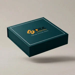 Closed dark teal rigid box with white border line and Bee Printers logo floating above a plain beige background, showing custom catalog boxes