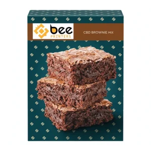 A tall closed dark teal box with a small cream diamond pattern, a brown band reading CBD Brownie Mix and a large photo of three stacked chocolate brownies on the front fills the frame, showing custom cbd brownies packaging.