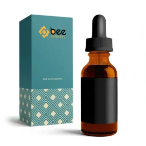 A tall teal box with a cream and teal diamond pattern at the base standing beside an amber glass dropper bottle with a black cap and plain black label on a white background, showing custom cbd oil packaging.