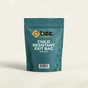 A closed teal stand-up exit bag with a zip seal, barcode and the Bee Printers logo in yellow and black on a cream background, showing custom child resistant exit bags.