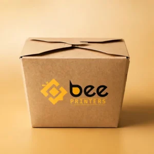 Custom chinese food boxes as a folded takeout pail with the Bee Printers logo printed on the front panel, closed hero box on a warm golden-beige studio backdrop