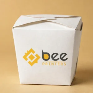 Custom chinese takeout boxes in white pail style with the Bee Printers logo printed on the front panel