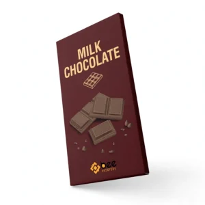Closed tall maroon Milk Chocolate bar box with chocolate pieces pictured on the front floating on a plain white background, showing custom chocolate boxes by Bee Printers.