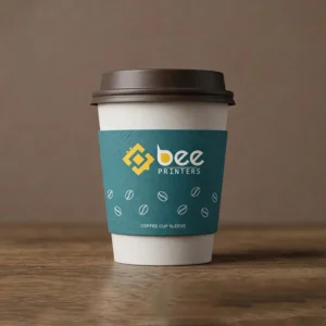 A white coffee cup with a dark brown lid and a teal cardboard sleeve printed with white coffee bean outlines and the Bee Printers logo centred on the sleeve on a wooden surface against a brown background, showing custom coffee cup cardboard sleeves.