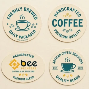 Four flat cream coffee cup stickers in round and oval shapes with teal coffee cup artwork and lettering laid out on a cream background with the Bee Printers logo on the oval sticker at bottom left, showing custom coffee cup stickers.