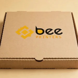 Custom corrugated pizza box, flat and square in kraft with the Bee Printers logo printed on the closed lid and fluted edge visible