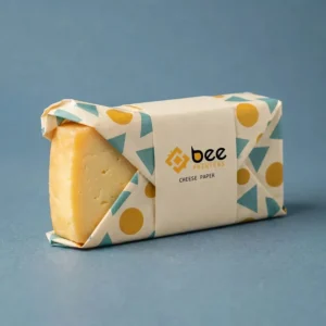 Cream cheese paper with teal triangles and mustard yellow circles wrapped around a block of yellow cheese with the end exposed, with a central Bee Printers logo band, on a blue background, showing custom custom cheese paper