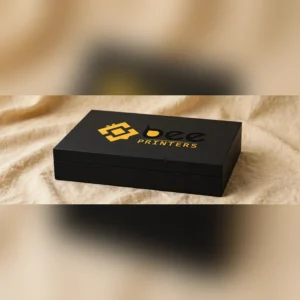 Custom detachable lid rigid boxes closed hero shot in matte black with the Bee Printers logo printed on the lid top