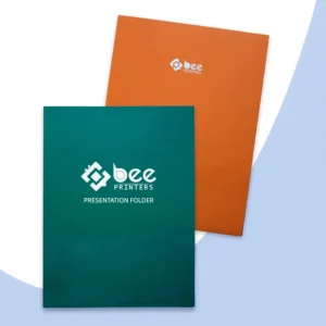 A closed dark teal presentation folder with a white Bee Printers logo and Presentation Folder text in front of a closed orange folder with a smaller white logo on a white and pale blue background, showing custom folders