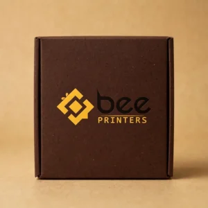 Custom fudge gift box in rich chocolate brown with the Bee Printers logo printed on the closed lid