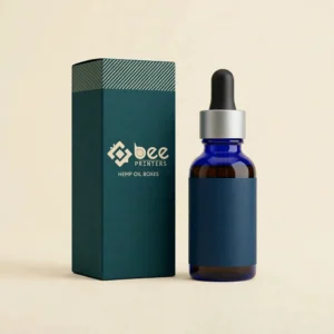A closed dark teal custom hemp oil boxes design with a striped top band and cream logo standing beside a blue dropper bottle with a blank dark label on a cream background.