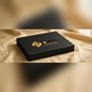 Custom hinged flip lid boxes closed hero shot in matte black with the Bee Printers logo printed on the lid top
