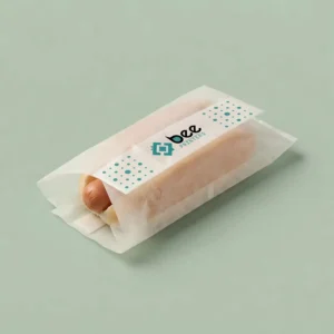 A hot dog in a translucent white paper sleeve with a white band printed with teal dots and a teal Bee Printers logo mark on a pale sage green background, showing custom hot dog wrappers.