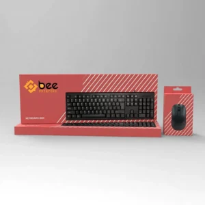 A coral red keyboard box set with a large closed box, an open tray holding a black keyboard and a small hang-tab mouse box on a light grey background, showing custom keyboard boxes