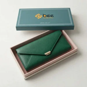 An open rectangular wallet box with a teal lid bearing the Bee Printers logo in the centre above a pale pink tray holding a green envelope-style wallet, on a plain off-white background, showing custom ladies wallet boxes.