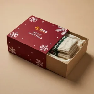 A partly open red Christmas box with white snowflakes and a beige drawer holding folded cream knitted clothing on tissue paper inside, with the Bee Printers logo on top of the red sleeve, against a plain beige background, showing custom luxury christmas boxes.