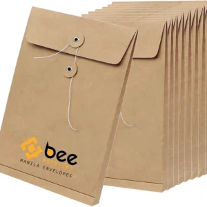 A leaning tan string-tie envelope in front of a fanned stack of matching envelopes on a white background, showing custom manila envelopes with the Bee Printers logo.