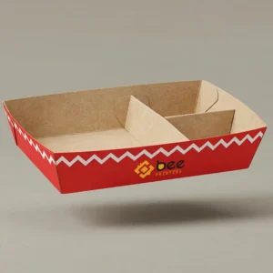A red divided tray with a white zigzag stripe, a kraft interior and the Bee Printers logo on its front, presented as custom nacho trays floating on a grey-beige background.
