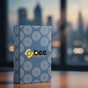 A single closed blue-grey cigarette pack with white dotted circle patterns standing on a wooden table against a blurred city window background, with the Bee Printers logo in the centre of the front, showing custom paper cigarette boxes.