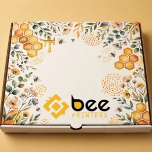 Custom pizza boxes in white flat style with a full printed design and the Bee Printers logo on the lid