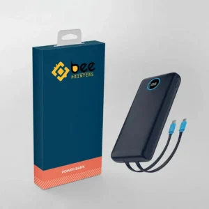 A dark teal hanging box with an orange POWER BANK band beside a black power bank with blue cables shows custom power bank packaging on a light grey background.