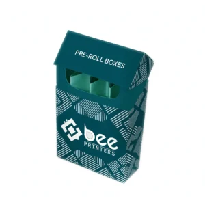 A teal flip-top box with a white line pattern standing open on a white background, with green dividers inside, the white Bee Printers logo on the front and Pre-Roll Boxes text on the flap, showing custom pre roll boxes