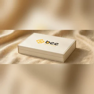 Custom premium rigid box in cream with the Bee Printers logo printed on the closed lid