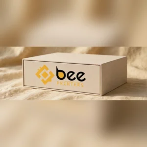Custom rigid drawer box with a sliding tray and printed Bee Printers logo on the sleeve