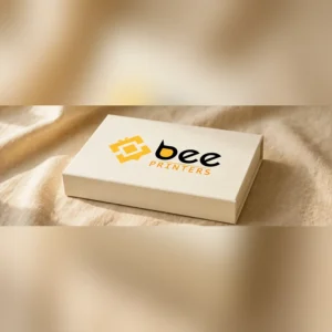 Custom rigid presentation boxes in cream with the Bee Printers logo printed on the closed lid
