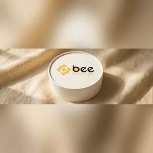 Custom round rigid boxes — closed ivory-white cylindrical round rigid box with the Bee Printers logo printed on the circular lid